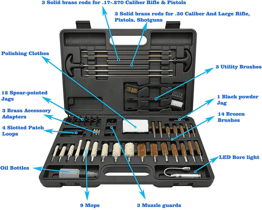 62 Universal Gun Cleaning Kit for All Guns Hunting Rifle Shot Gun Handguns in Hard Case All Calibers Gun Cleaning Kit with LED Bore Light - Aimoptic