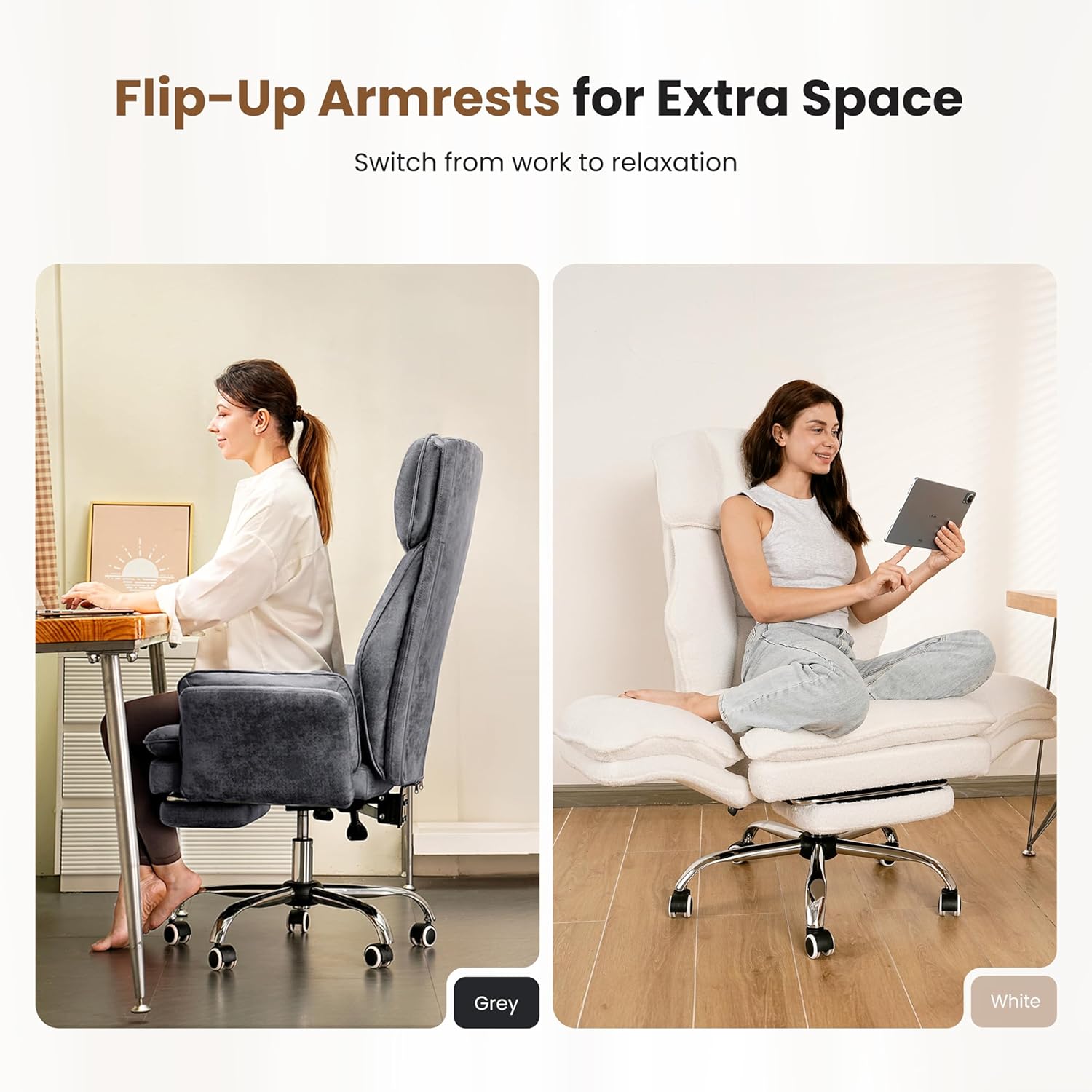 Big and Tall Office Chair, Flip Armrests for Pets & Cross Legged Sitting, Executive Ergonomic Computer Gaming Chair with Foot Rest, Teddy Fleece Wide Seat Reclining Desk Chair - Aimoptic