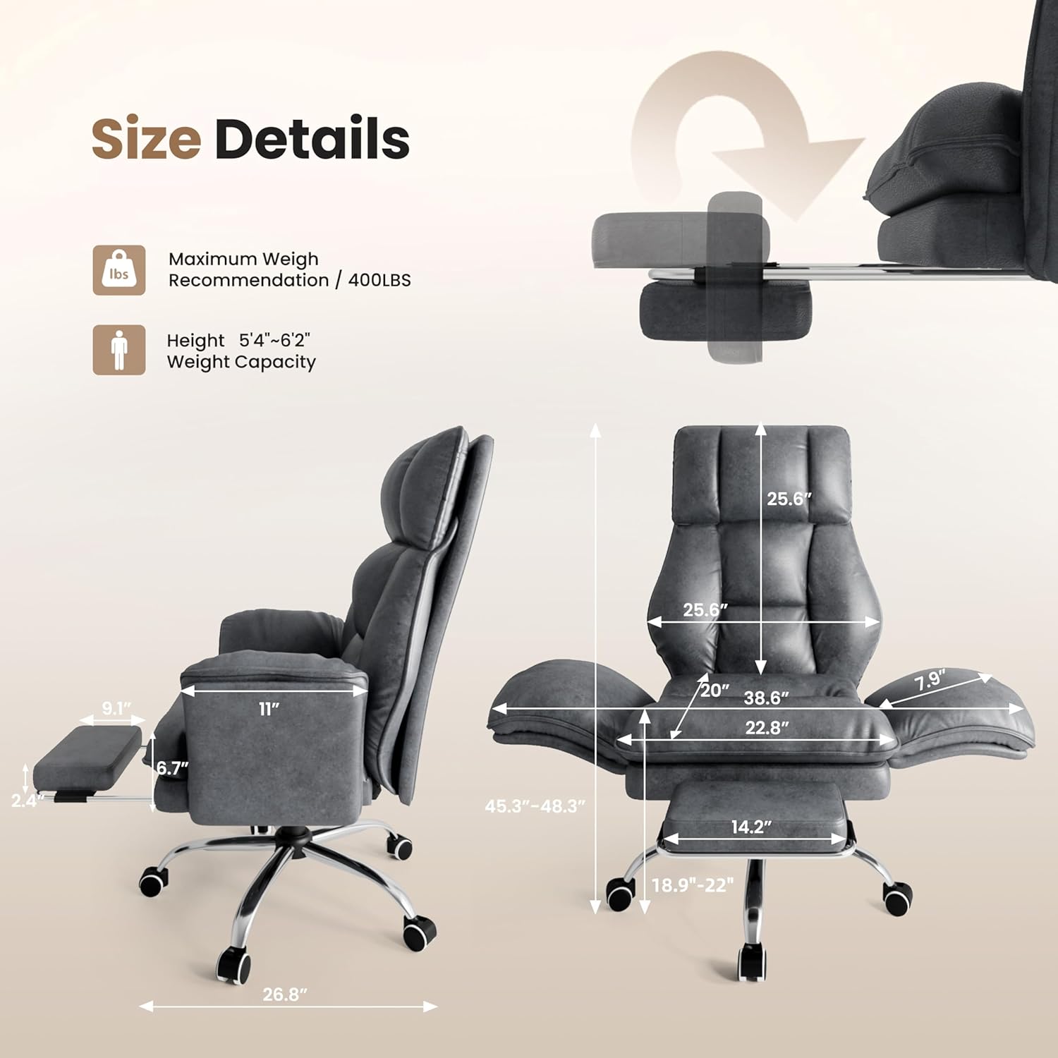 Big and Tall Office Chair, Flip Armrests for Pets & Cross Legged Sitting, Executive Ergonomic Computer Gaming Chair with Foot Rest, Teddy Fleece Wide Seat Reclining Desk Chair - Aimoptic