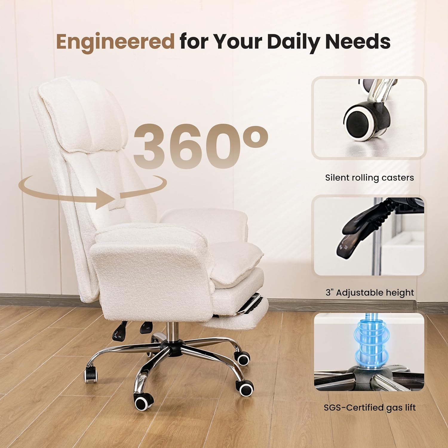 Big and Tall Office Chair, Flip Armrests for Pets & Cross Legged Sitting, Executive Ergonomic Computer Gaming Chair with Foot Rest, Teddy Fleece Wide Seat Reclining Desk Chair - Aimoptic