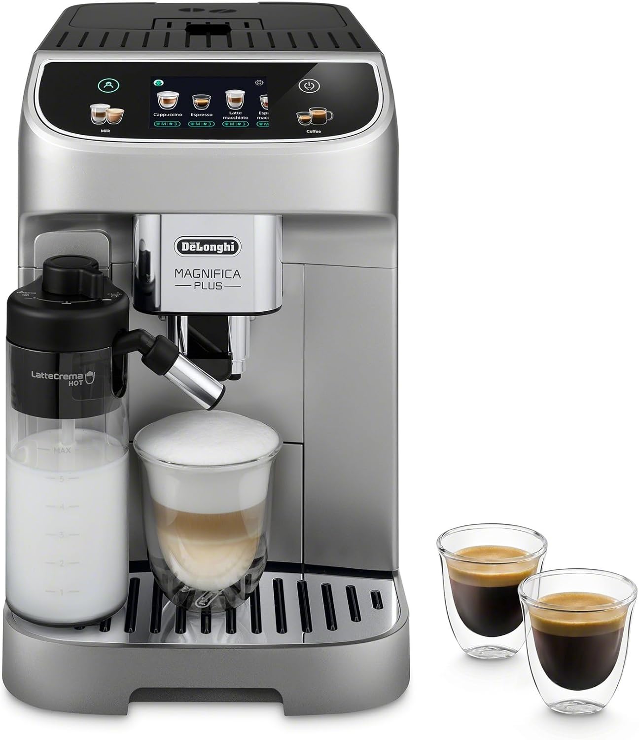 De'Longhi Magnifica Plus Fully Automatic Espresso Machine - Brew 18+ One Touch Coffee Recipes for up to 4 User Profiles, Automatic Milk Steam Wand & Built - in Grinder, Touchscreen Display - Aimoptic