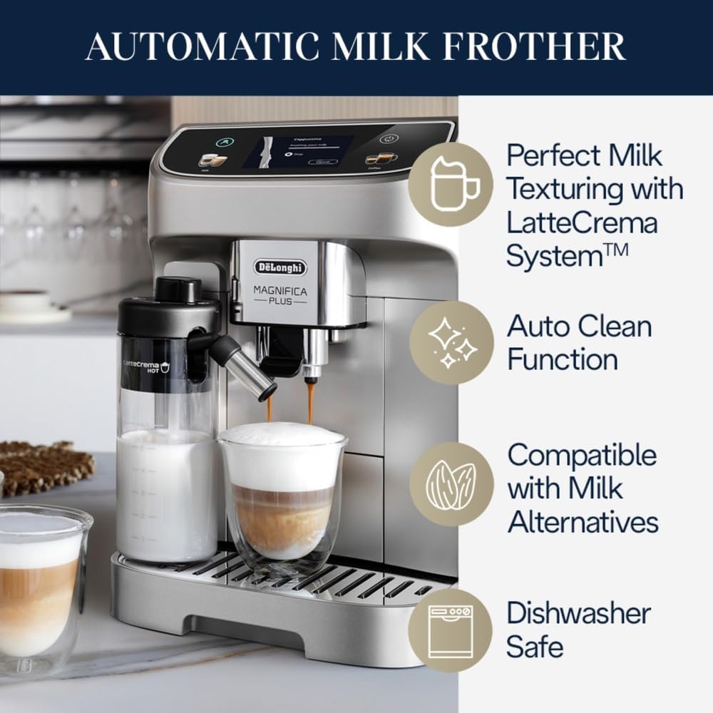 De'Longhi Magnifica Plus Fully Automatic Espresso Machine - Brew 18+ One Touch Coffee Recipes for up to 4 User Profiles, Automatic Milk Steam Wand & Built - in Grinder, Touchscreen Display - Aimoptic