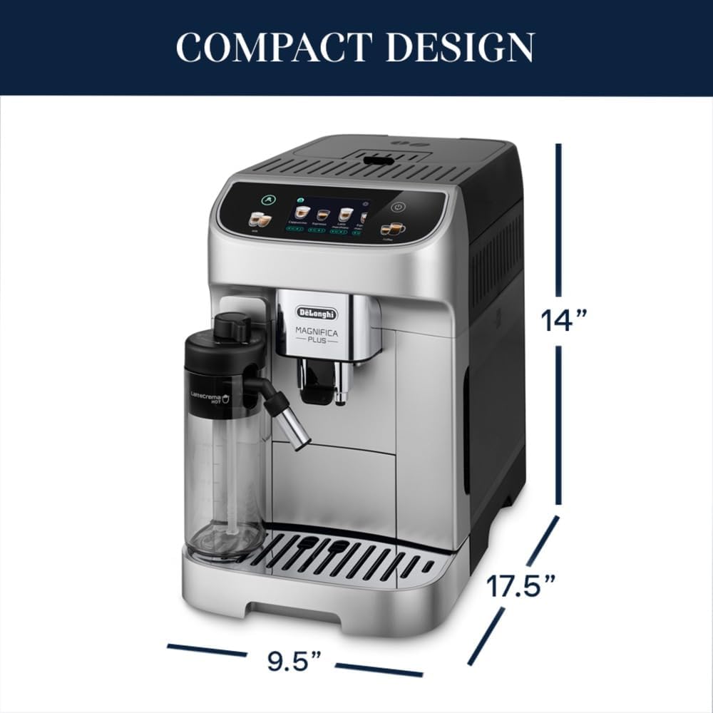 De'Longhi Magnifica Plus Fully Automatic Espresso Machine - Brew 18+ One Touch Coffee Recipes for up to 4 User Profiles, Automatic Milk Steam Wand & Built - in Grinder, Touchscreen Display - Aimoptic
