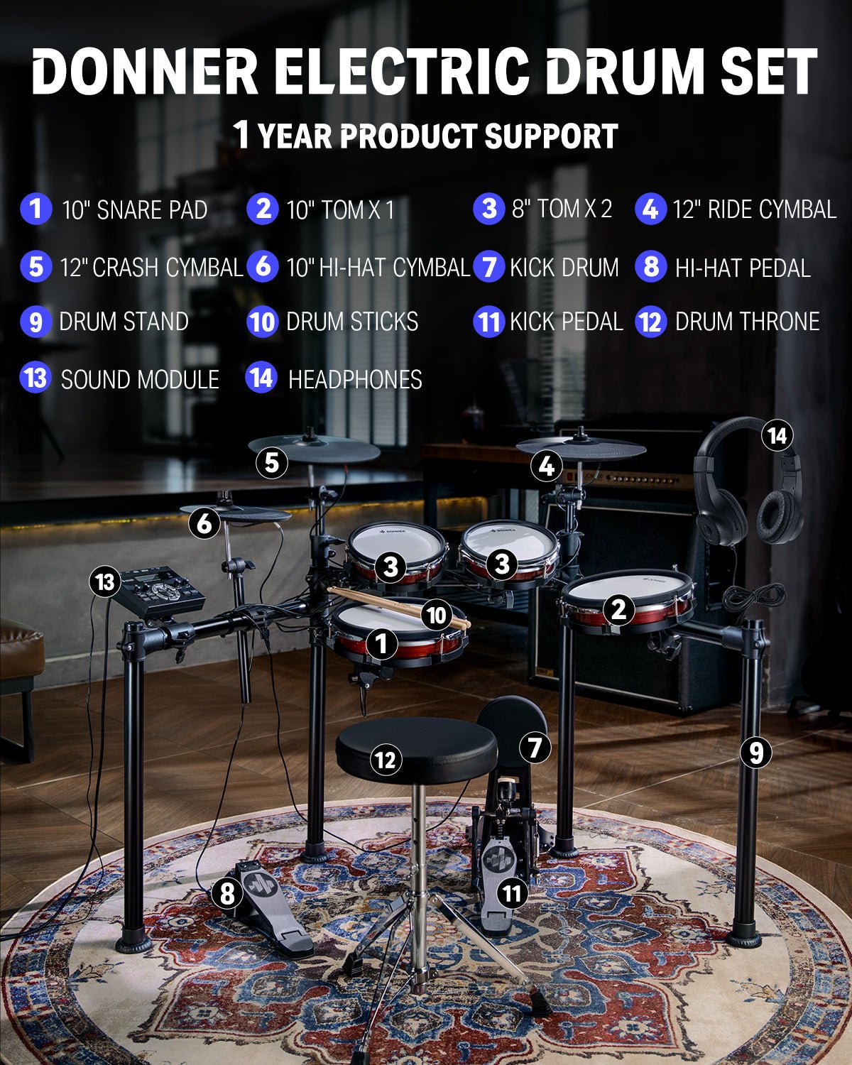 Donner DED - 200 MAX Electronic Drum Kit - Aimoptic