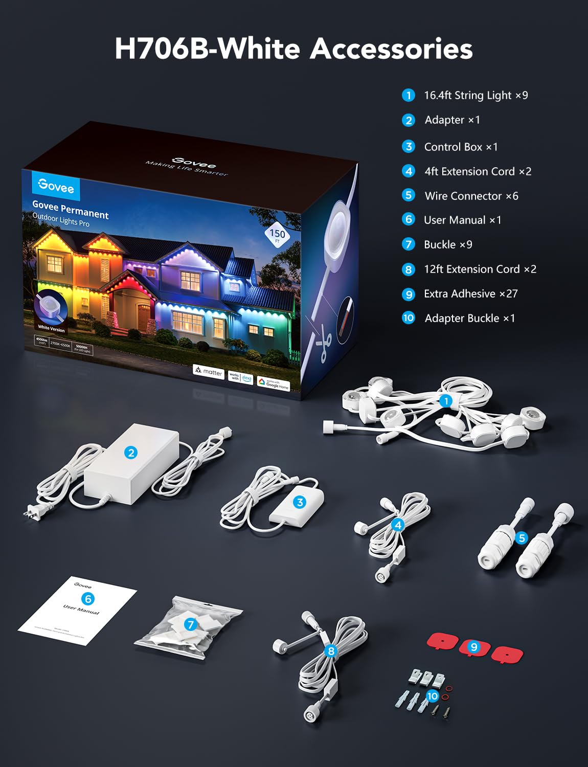 Govee Permanent Outdoor Lights Pro, 200ft with 120 RGBIC LED Lights for Daily and Accent Lighting, 75 Scene Modes for Outdoor Decor, IP67 Waterproof, Works with Alexa, Google Assistant, Matter, White - Aimoptic