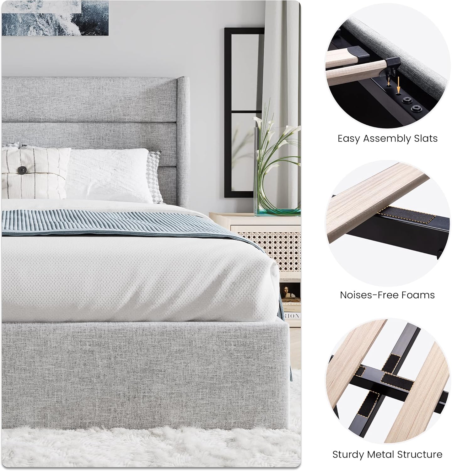 SHA CERLIN Lift Up Storage Bed/Modern Wingback Headboard - Aimoptic
