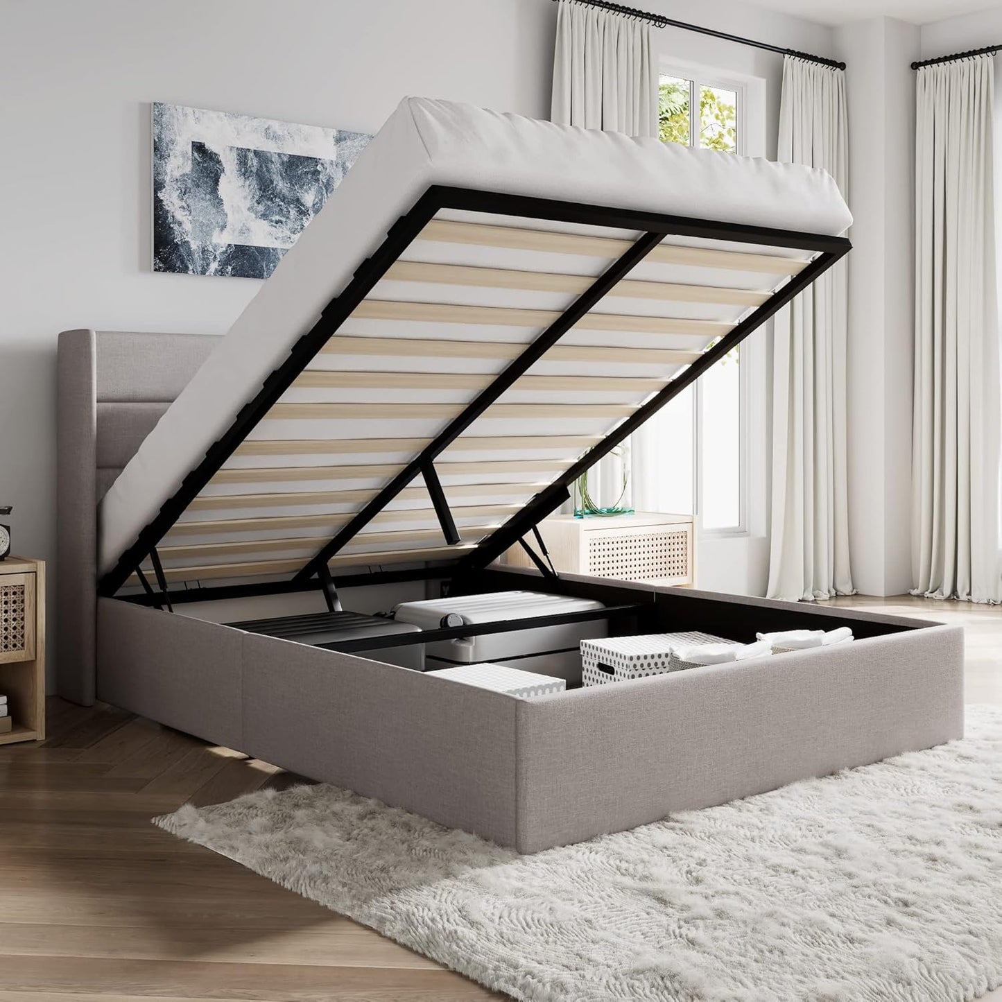 SHA CERLIN Lift Up Storage Bed/Modern Wingback Headboard - Aimoptic