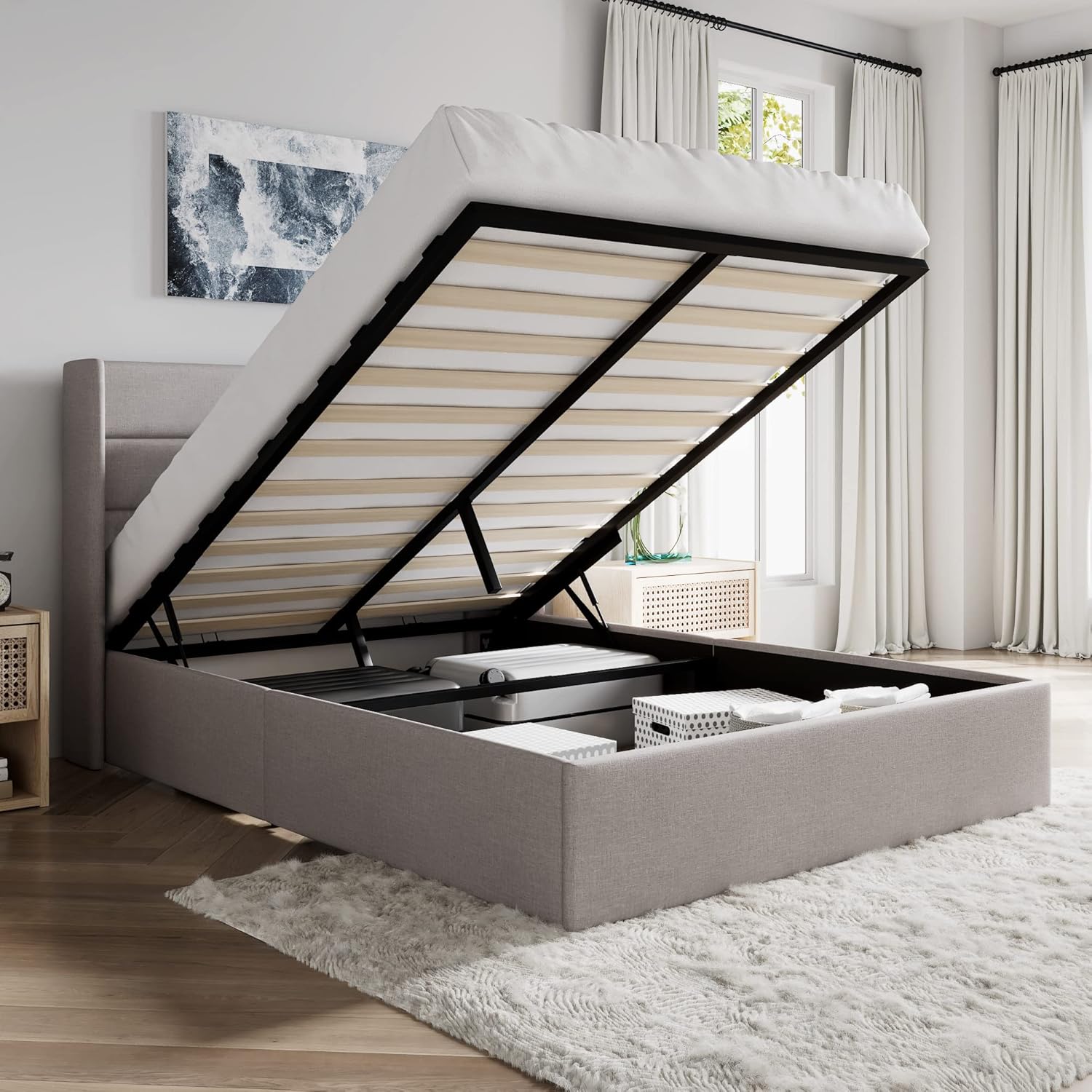 SHA CERLIN Lift Up Storage Bed/Modern Wingback Headboard - Aimoptic