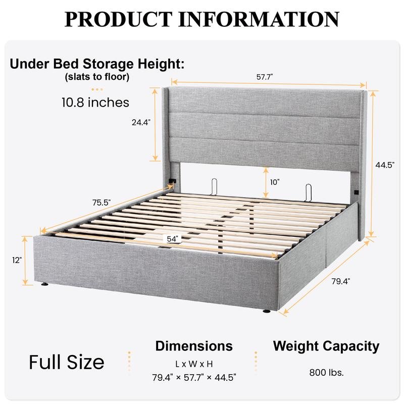SHA CERLIN Lift Up Storage Bed/Modern Wingback Headboard - Aimoptic