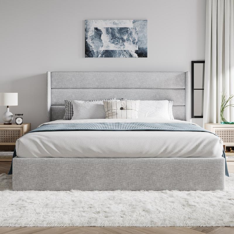 SHA CERLIN Lift Up Storage Bed/Modern Wingback Headboard - Aimoptic