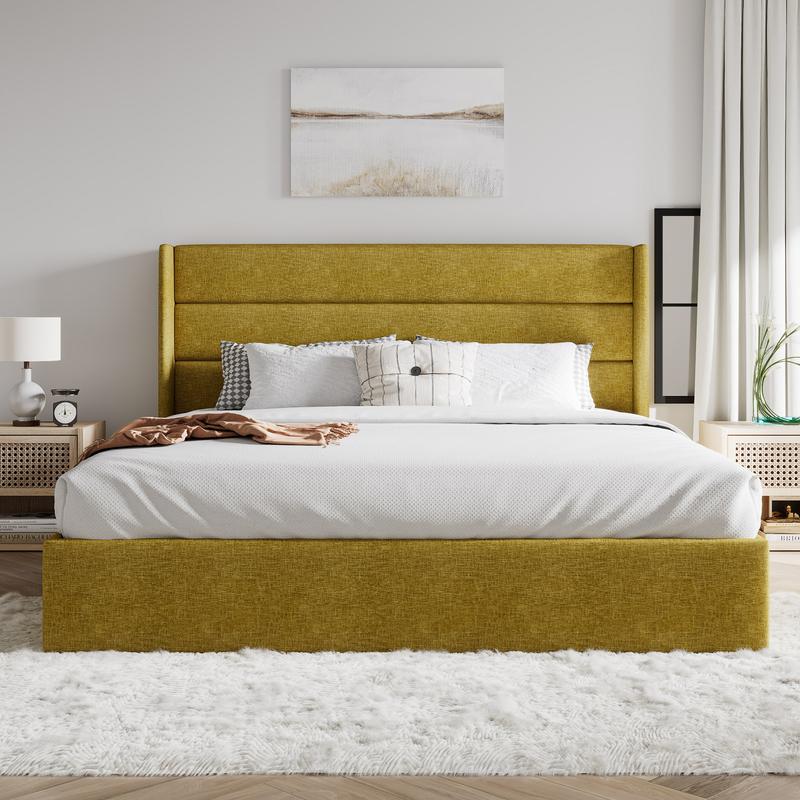 SHA CERLIN Lift Up Storage Bed/Modern Wingback Headboard - Aimoptic