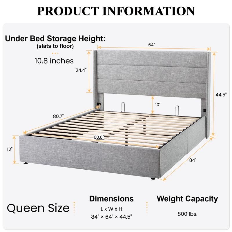 SHA CERLIN Lift Up Storage Bed/Modern Wingback Headboard - Aimoptic