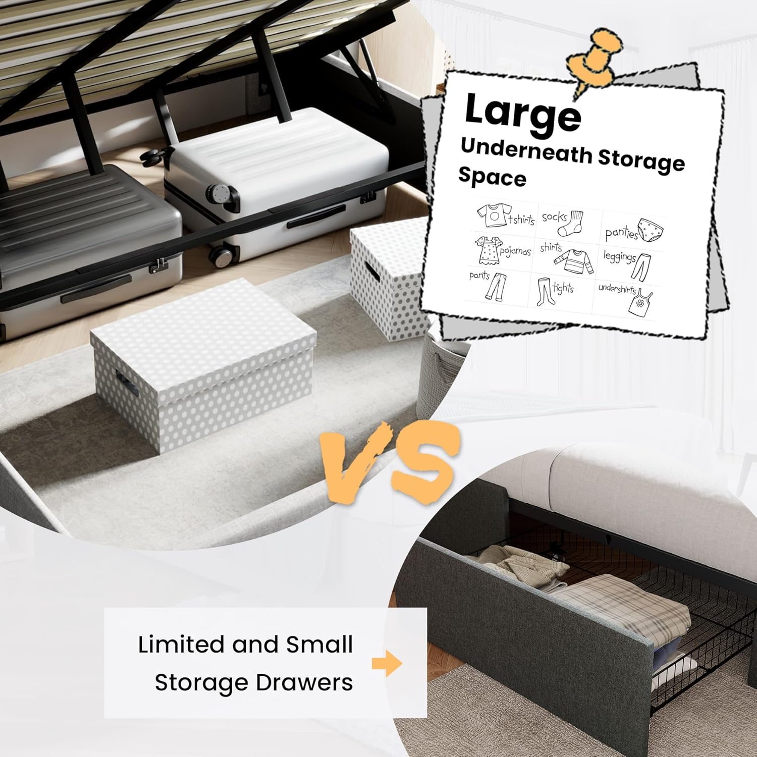 SHA CERLIN Lift Up Storage Bed/Modern Wingback Headboard - Aimoptic