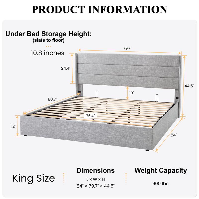 SHA CERLIN Lift Up Storage Bed/Modern Wingback Headboard - Aimoptic
