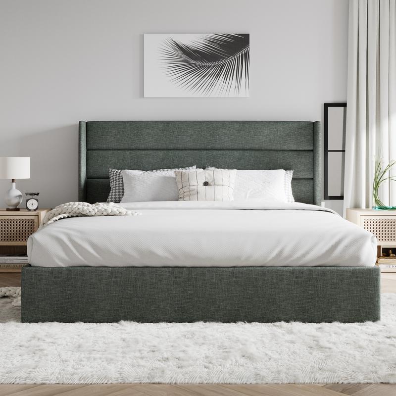 SHA CERLIN Lift Up Storage Bed/Modern Wingback Headboard - Aimoptic