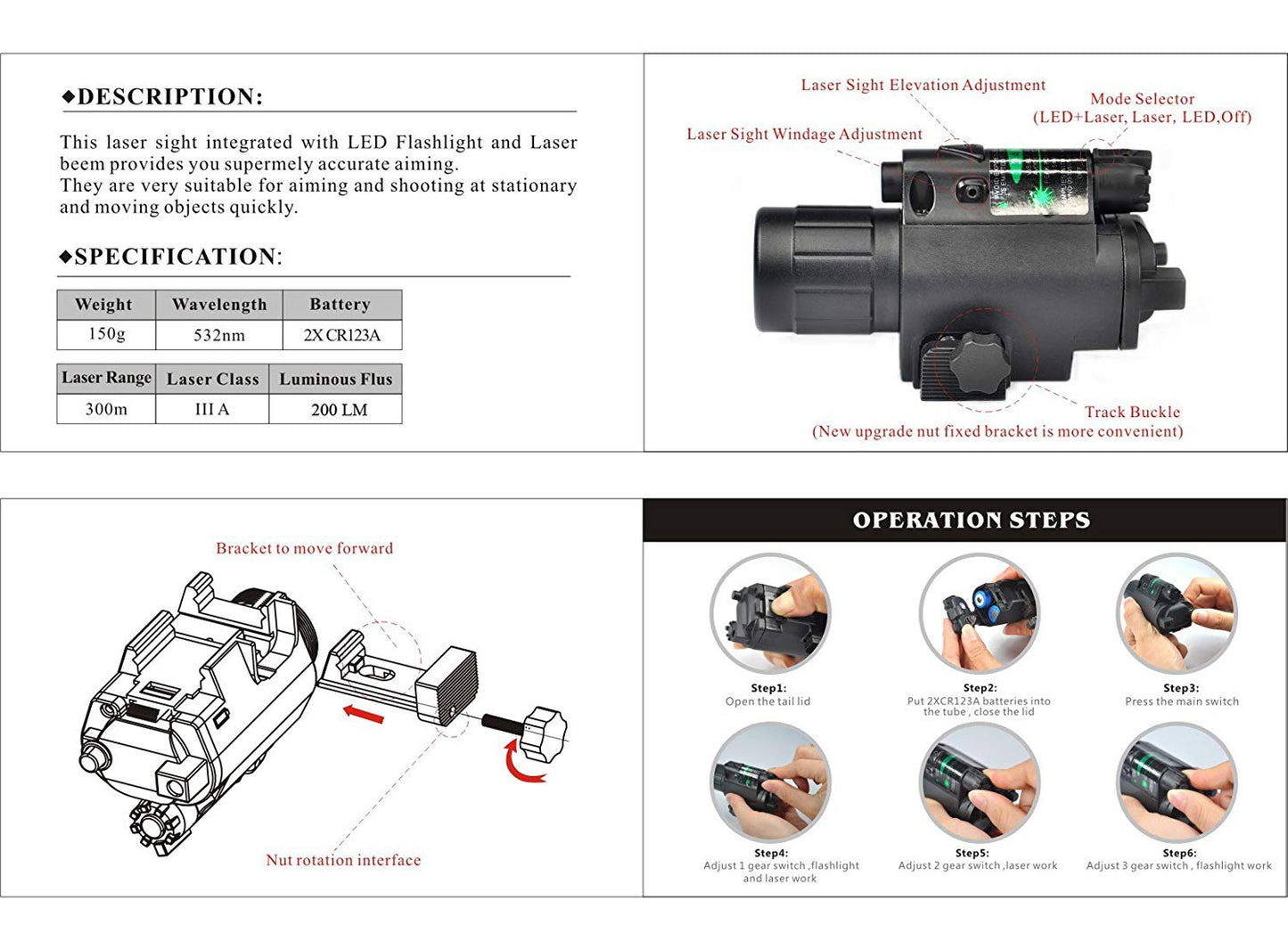 Rail Mounted Flashlight and Green Laser Combo - Aimoptic