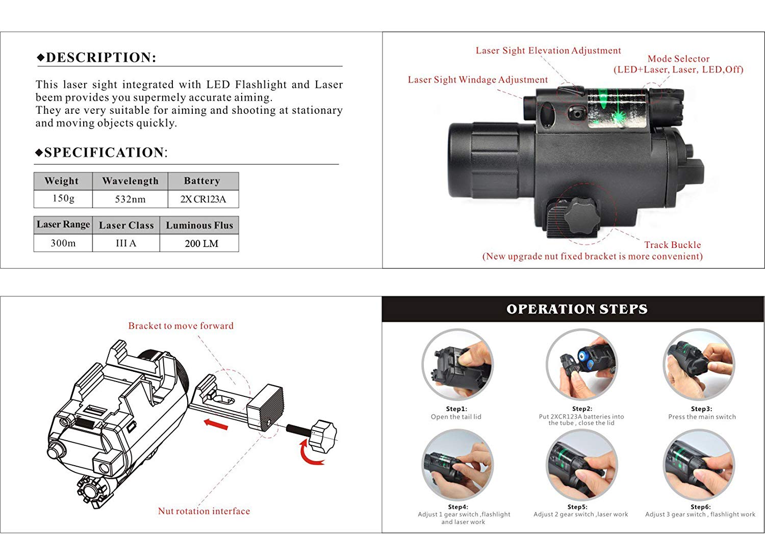 Rail Mounted Flashlight and Green Laser Combo - Aimoptic