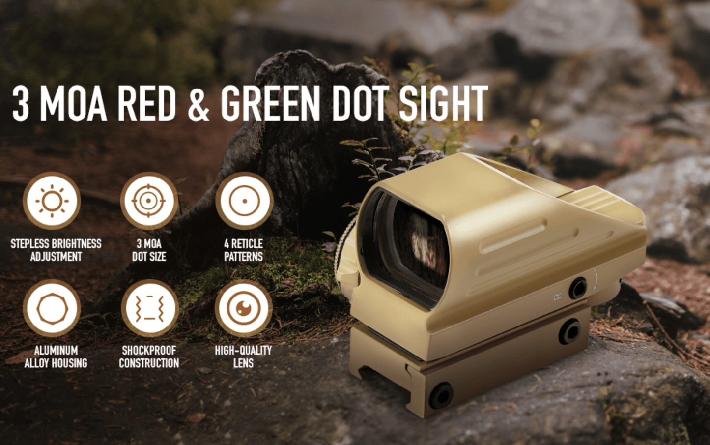 Reflex Dot Sight with 4 Different Reticle Options in Red or Green (FDE) - Aimoptic