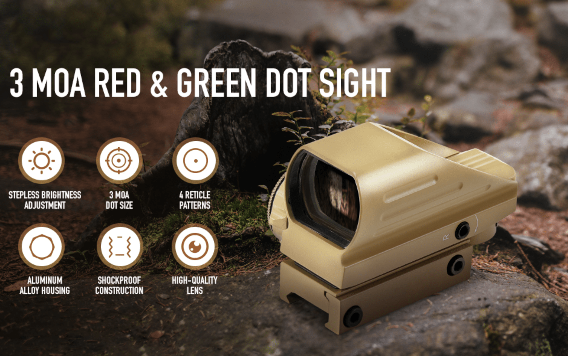 Reflex Dot Sight with 4 Different Reticle Options in Red or Green (FDE) - Aimoptic