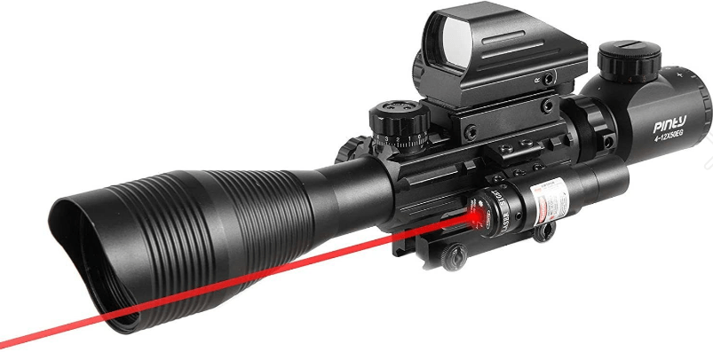 Rifle Scope 4 - 12x50 Rangefinder Reticle Scope with Laser Sight and Red Dot Sight - Aimoptic