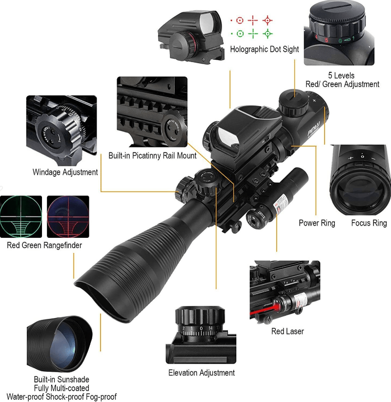 Rifle Scope 4 - 12x50 Rangefinder Reticle Scope with Laser Sight and Red Dot Sight - Aimoptic