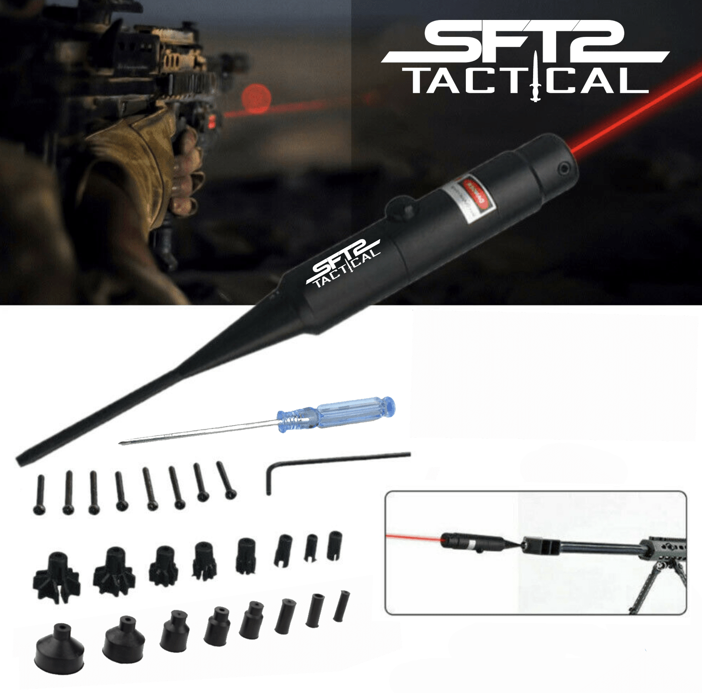 SFT2 Tactical Red Laser Bore Sighter for .22 to .50 Caliber Scope - Aimoptic