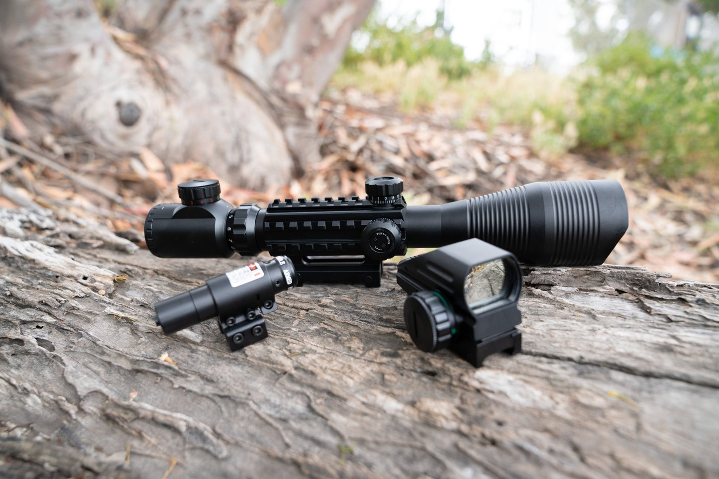 TAC - 5: 4 - 12x50 Illuminated Reticle Scope Package - Includes 4 Mode Dot Sight and Green or Red Laser - Aimoptic