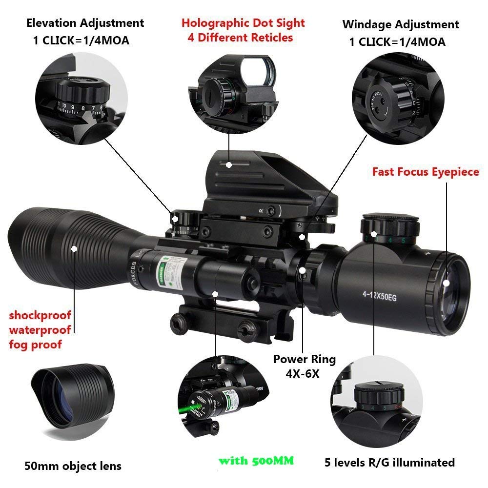 TAC - 5: 4 - 12x50 Illuminated Reticle Scope Package - Includes 4 Mode Dot Sight and Green or Red Laser - Aimoptic