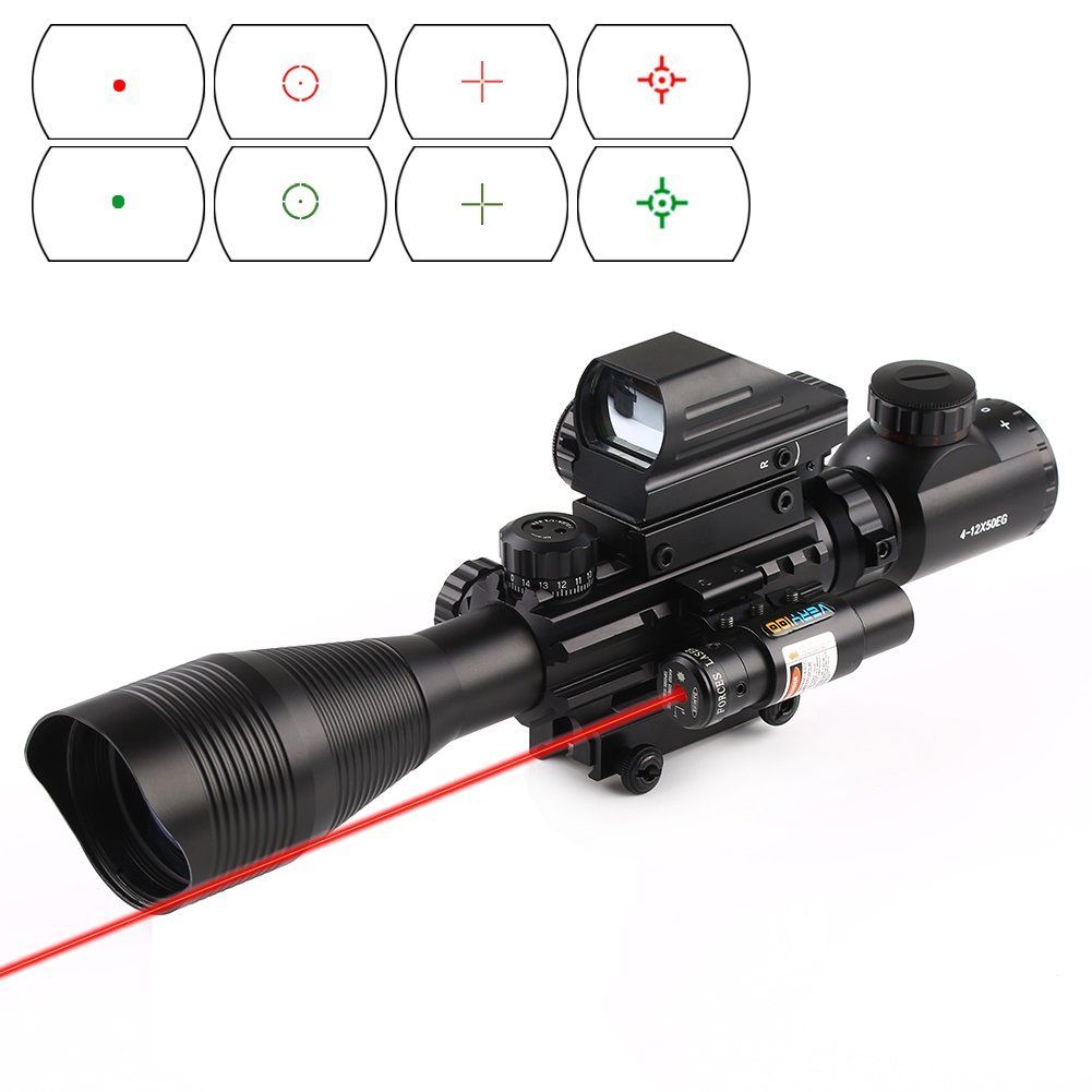 TAC - 5: 4 - 12x50 Illuminated Reticle Scope Package - Includes 4 Mode Dot Sight and Green or Red Laser - Aimoptic