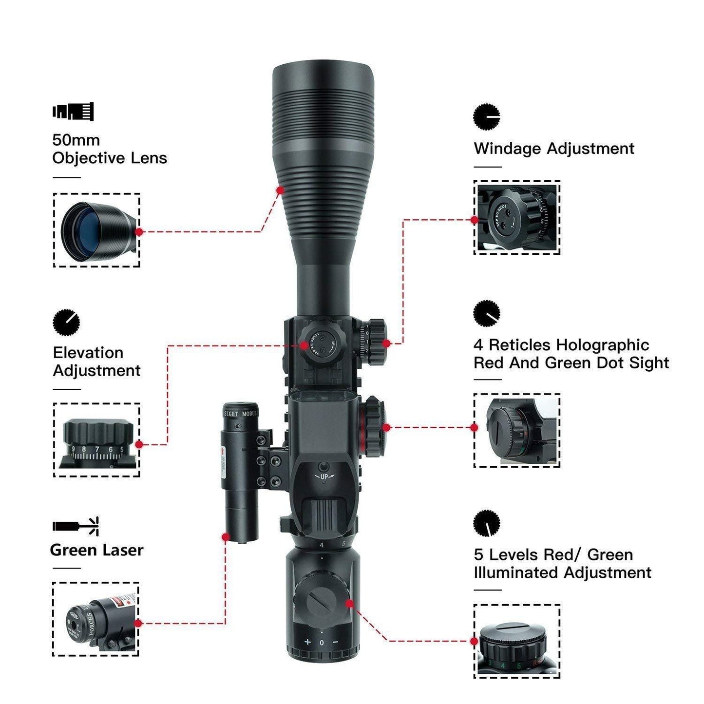 TAC - 5: 4 - 12x50 Illuminated Reticle Scope Package - Includes 4 Mode Dot Sight and Green or Red Laser - Aimoptic
