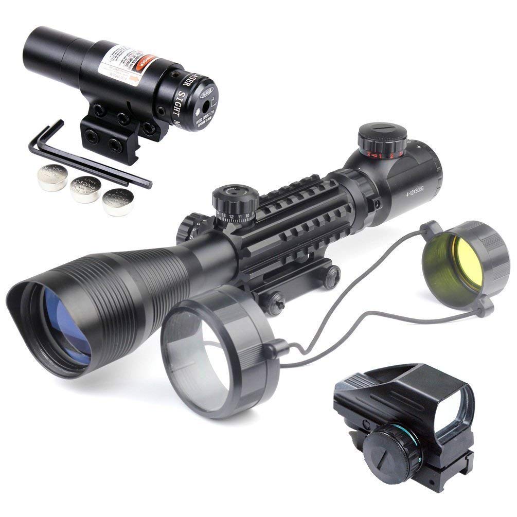 TAC - 5: 4 - 12x50 Illuminated Reticle Scope Package - Includes 4 Mode Dot Sight and Green or Red Laser - Aimoptic
