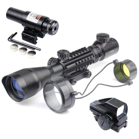 TAC - 5: 4 - 12x50 Illuminated Reticle Scope Package - Includes 4 Mode Dot Sight and Green or Red Laser - Aimoptic