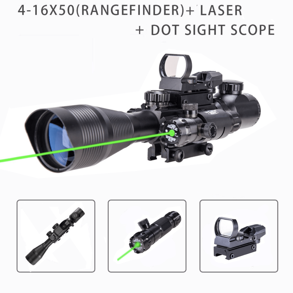 TAC - 5: 4 - 12x50 Illuminated Reticle Scope Package - Includes 4 Mode Dot Sight and Green or Red Laser - Aimoptic