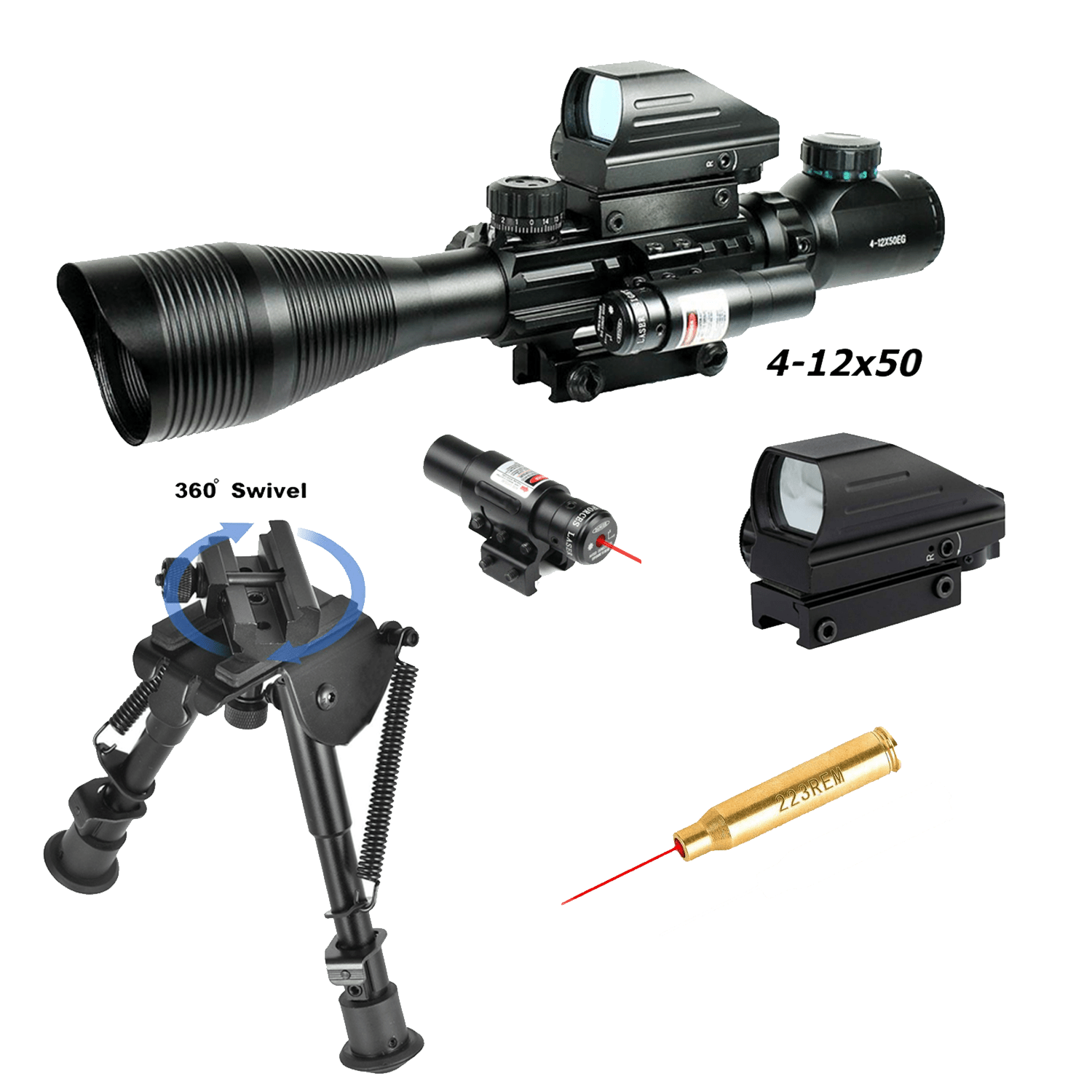 The AR - 15 5 Piece Package w/ Illuminated Scope, Green Laser,Dot Sight, .223 Bore Sight and Bipod - Aimoptic