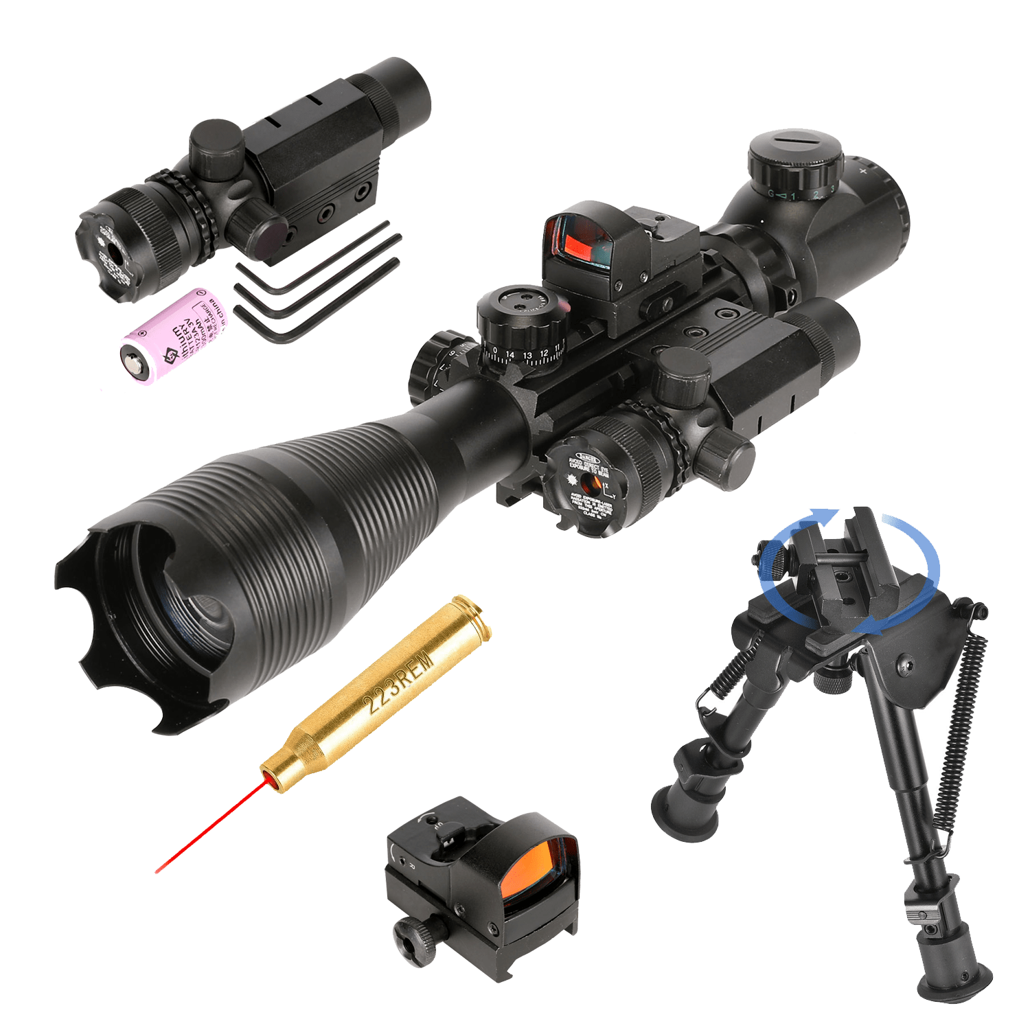 The AR - 15 5 Piece Package w/ Illuminated Scope, Green Laser,Dot Sight, .223 Bore Sight and Bipod - Aimoptic