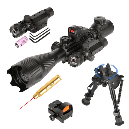 The AR - 15 5 Piece Package w/ Illuminated Scope, Green Laser,Dot Sight, .223 Bore Sight and Bipod - Aimoptic