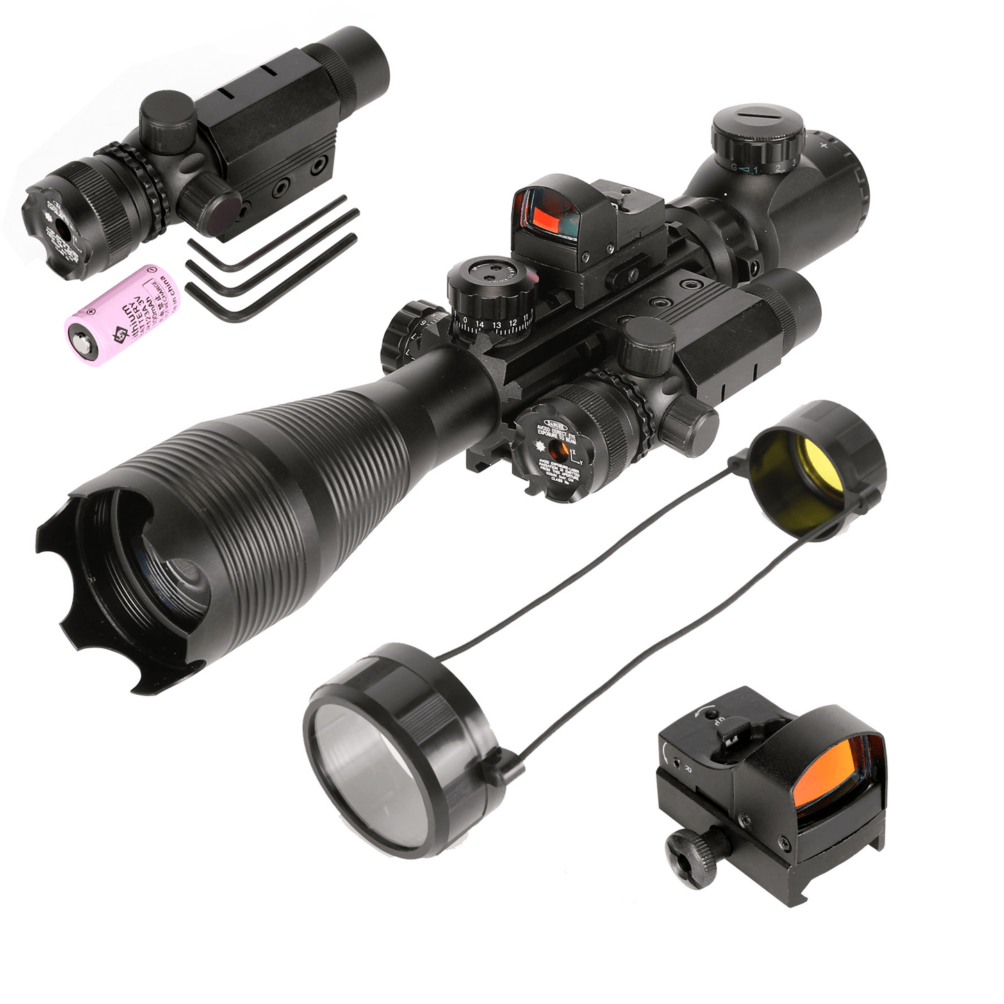 The AR - 15 5 Piece Package w/ Illuminated Scope, Green Laser,Dot Sight, .223 Bore Sight and Bipod - Aimoptic