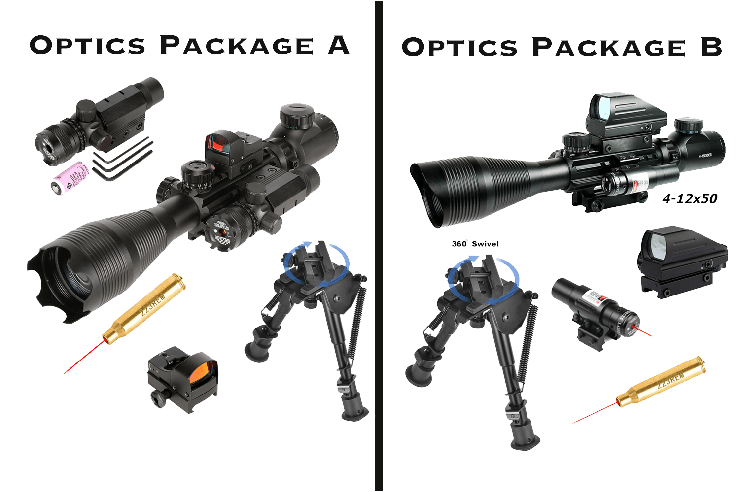 The AR - 15 5 Piece Package w/ Illuminated Scope, Green Laser,Dot Sight, .223 Bore Sight and Bipod - Aimoptic